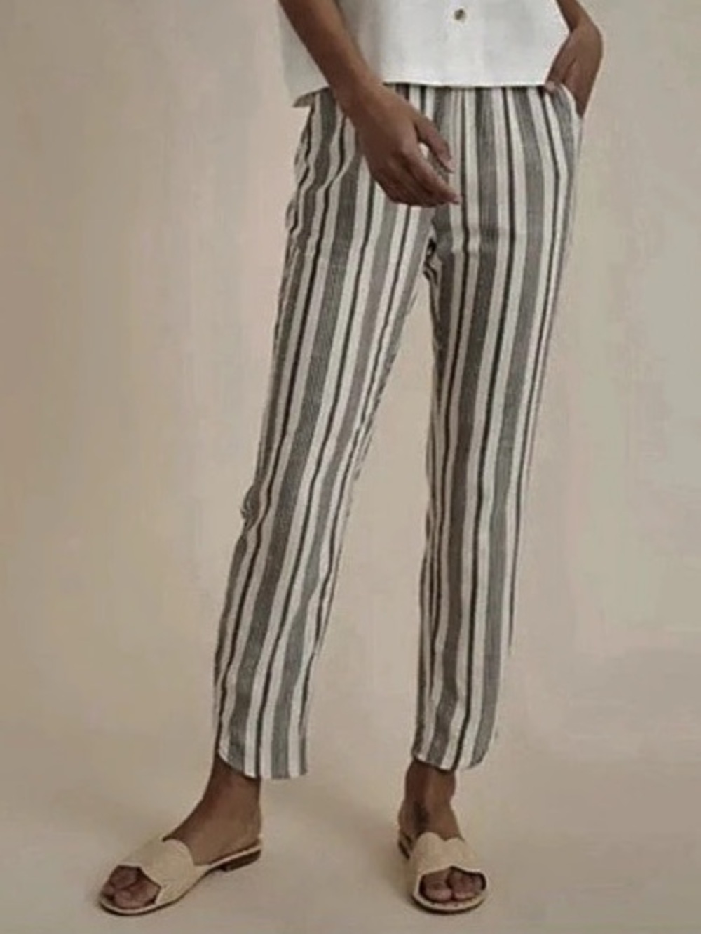 Marine Layer Allison Pant Blue Cream Striped Lightweight Straight Leg Pants Sz L